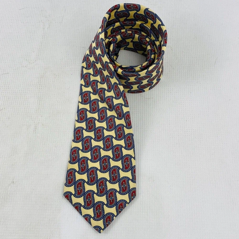 Burberry's of London Tie Paisley Yellow Blue‎ Red 100% Silk Necktie